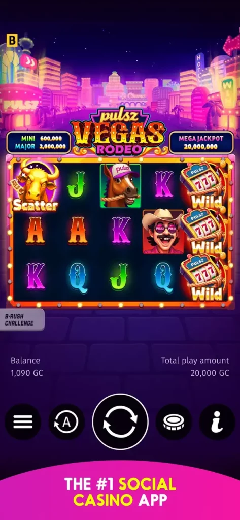 Pulsz mobile app showing the Pulsz Vegas Rodeo slot in Gold Coin mode.