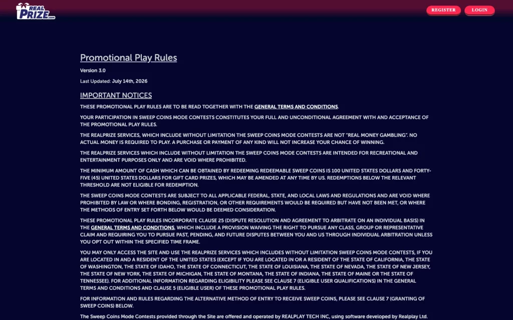 RealPrize Promotional Play Rules version 3.0 showing July 14, 2026 update, redemption minimums and state exclusions.