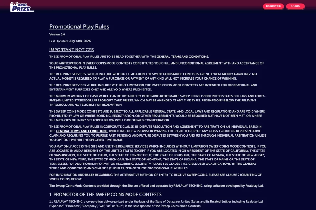 RealPrize Promotional Play Rules version 3.0 RealPrize Promotional Play Rules version 3.0 showing the update date, redemption minimums, and excluded states.