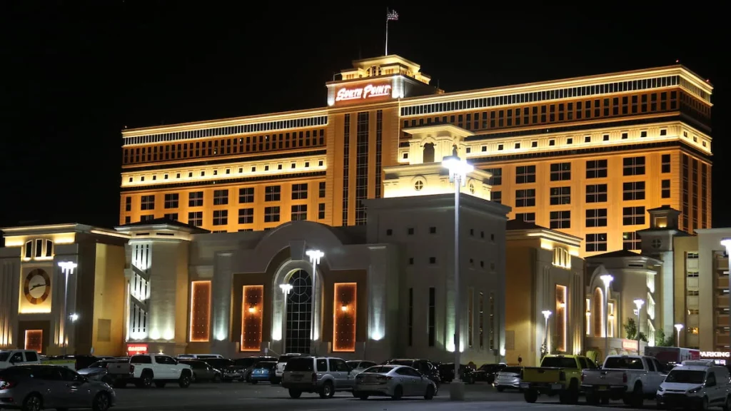 Exterior of South Point Hotel, Casino and Spa at night.