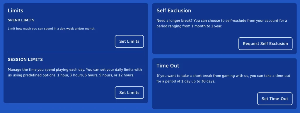 SpinBlitz account controls for spending limits, session limits, self-exclusion and time-out.