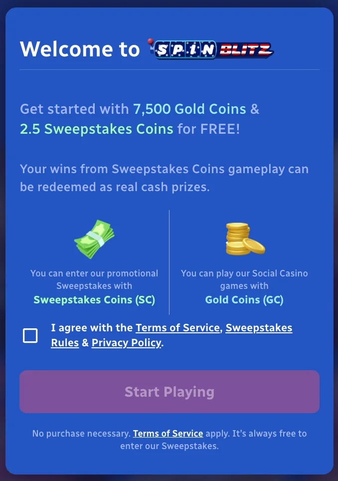 SpinBlitz welcome screen offering 7,500 Gold Coins and 2.5 Sweepstakes Coins and explaining Gold Coin and Sweepstakes Coin play.