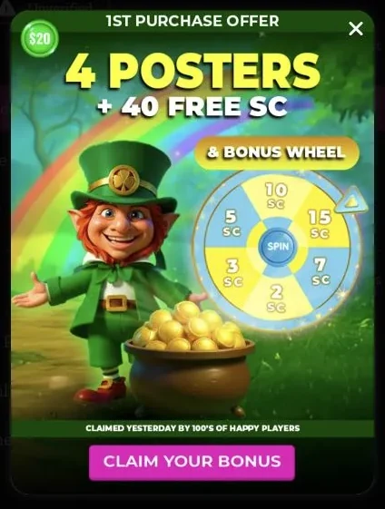 Spinsly authenticated first-purchase welcome bundle Spinsly first-purchase offer popup showing $20, four posters, 40 free SC and a bonus wheel.