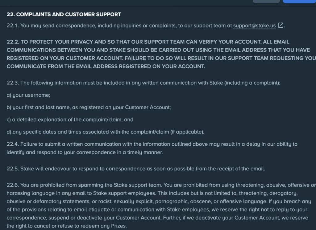Stake.us Terms clause 22 showing the registered-email rule and required information for complaints.