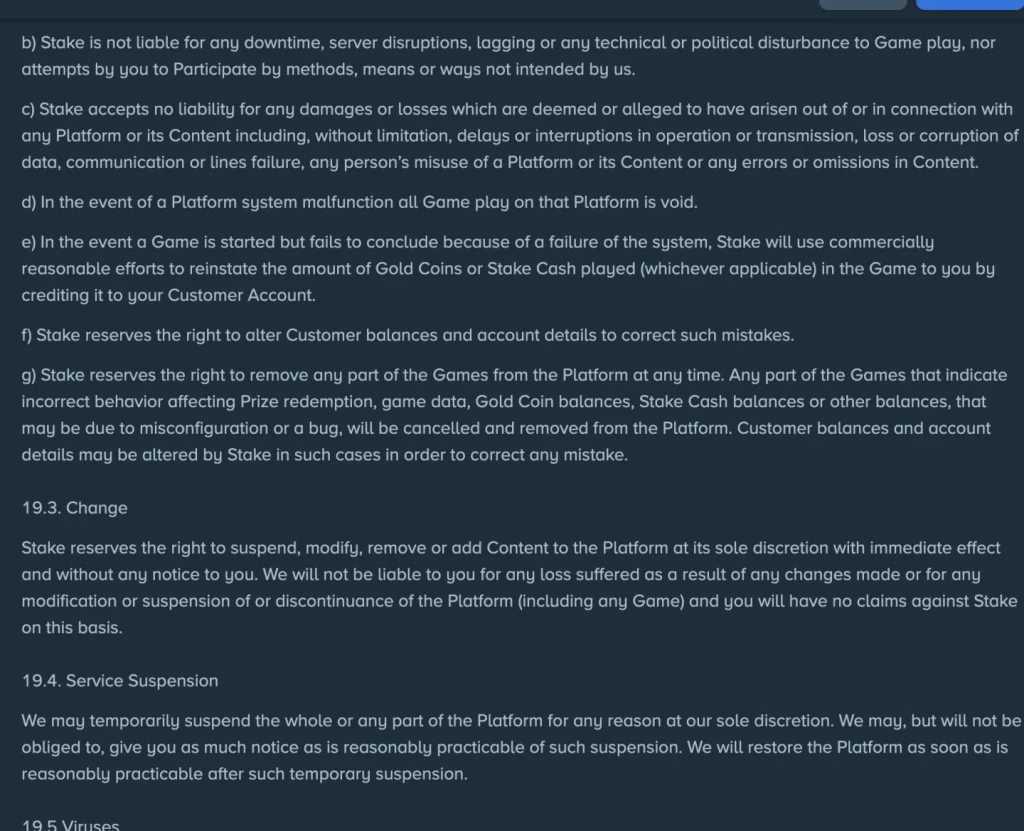 Stake.us Terms clause 19.2 describing void gameplay, reinstatement efforts and balance corrections after malfunctions.