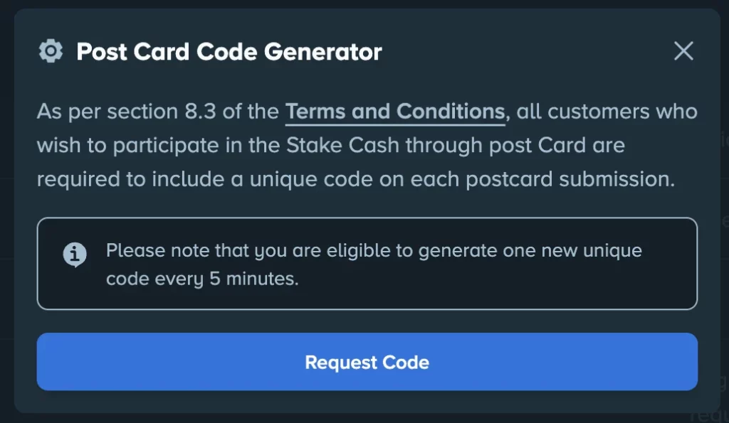 Stake.us postcard code generator stating that one new unique code can be requested every five minutes.