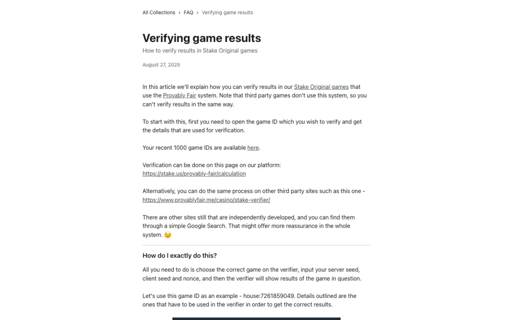 Stake.us official game-verification article explaining that provably fair verification covers Stake Originals rather than third-party games.