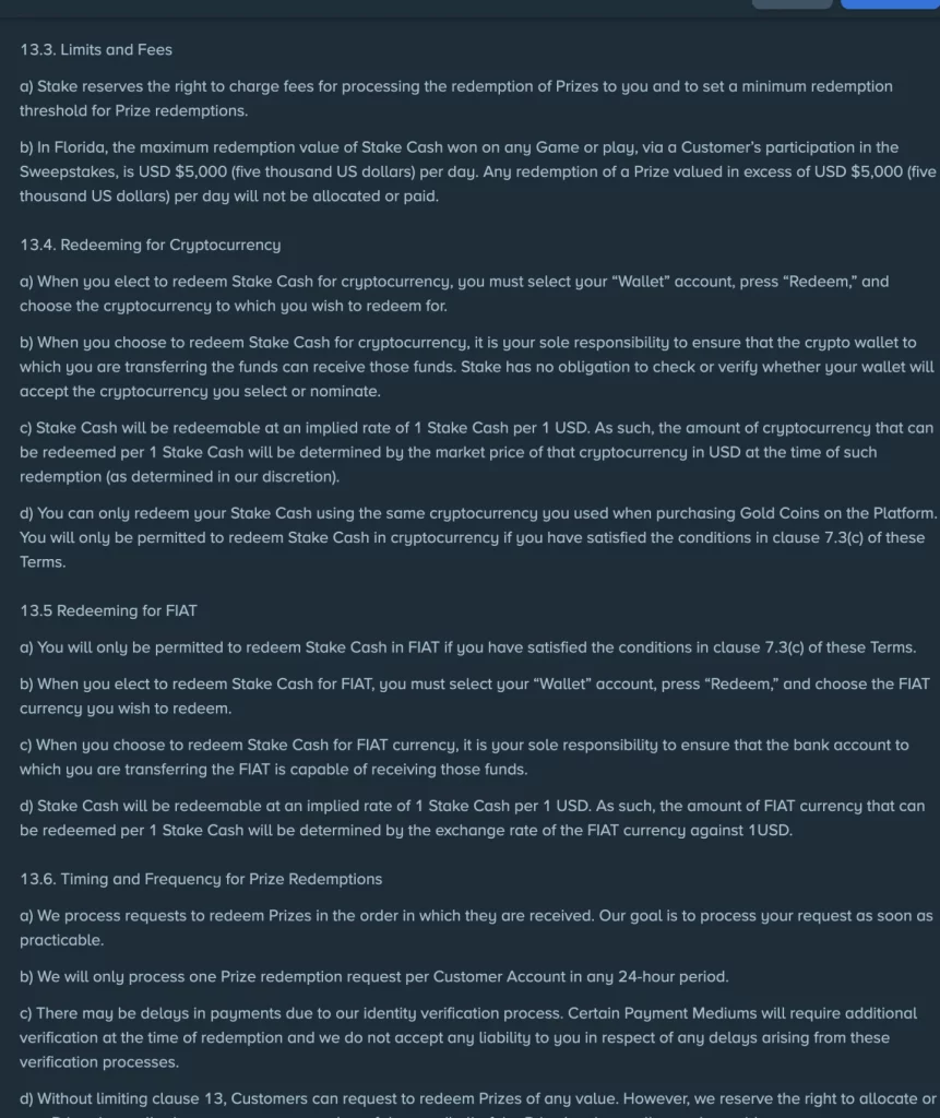 Stake.us Terms clauses 13.3 through 13.6 showing redemption fees, Florida's limit, route matching and one request per 24 hours.