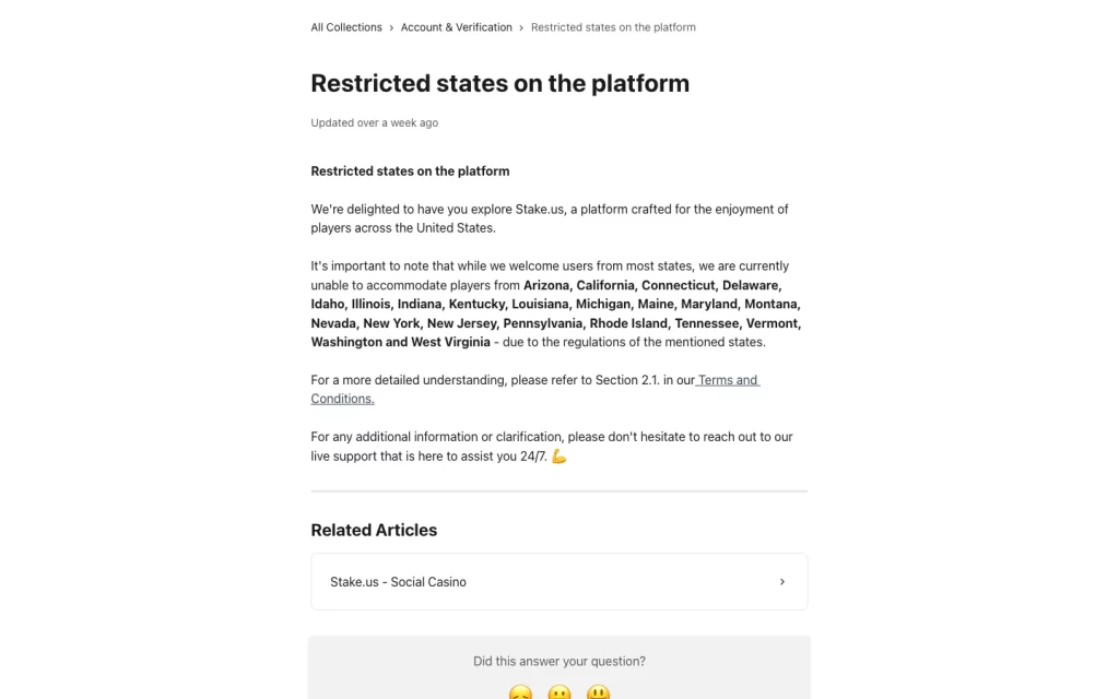 Stake.us official restricted-states article listing 22 excluded states.
