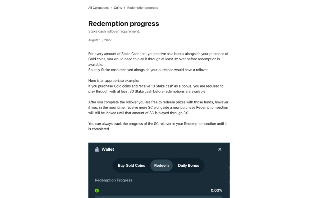 Stake.us official redemption progress article showing 3x playthrough and a 10 SC to 30 SC example.