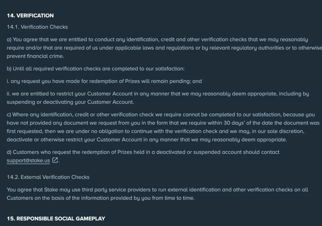 Stake.us Terms clause 14 showing pending redemptions during verification and the 30-day document deadline.