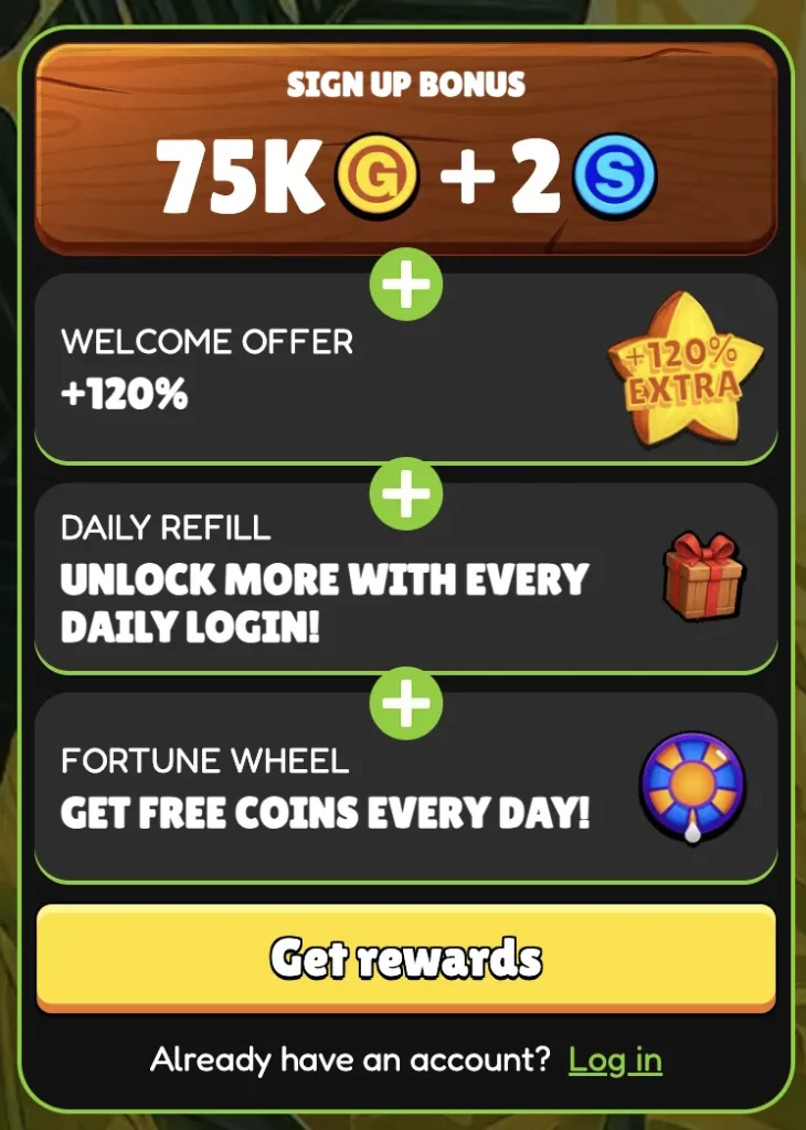 SweepJungle sign-up panel showing 75,000 Gold Coins, 2 Sweep Coins, a 120% welcome offer, daily refills and a fortune wheel.