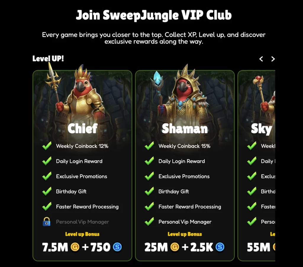 SweepJungle VIP Club showing Chief and Shaman benefits, including 12% and 15% weekly coinback and a personal VIP manager at Shaman.