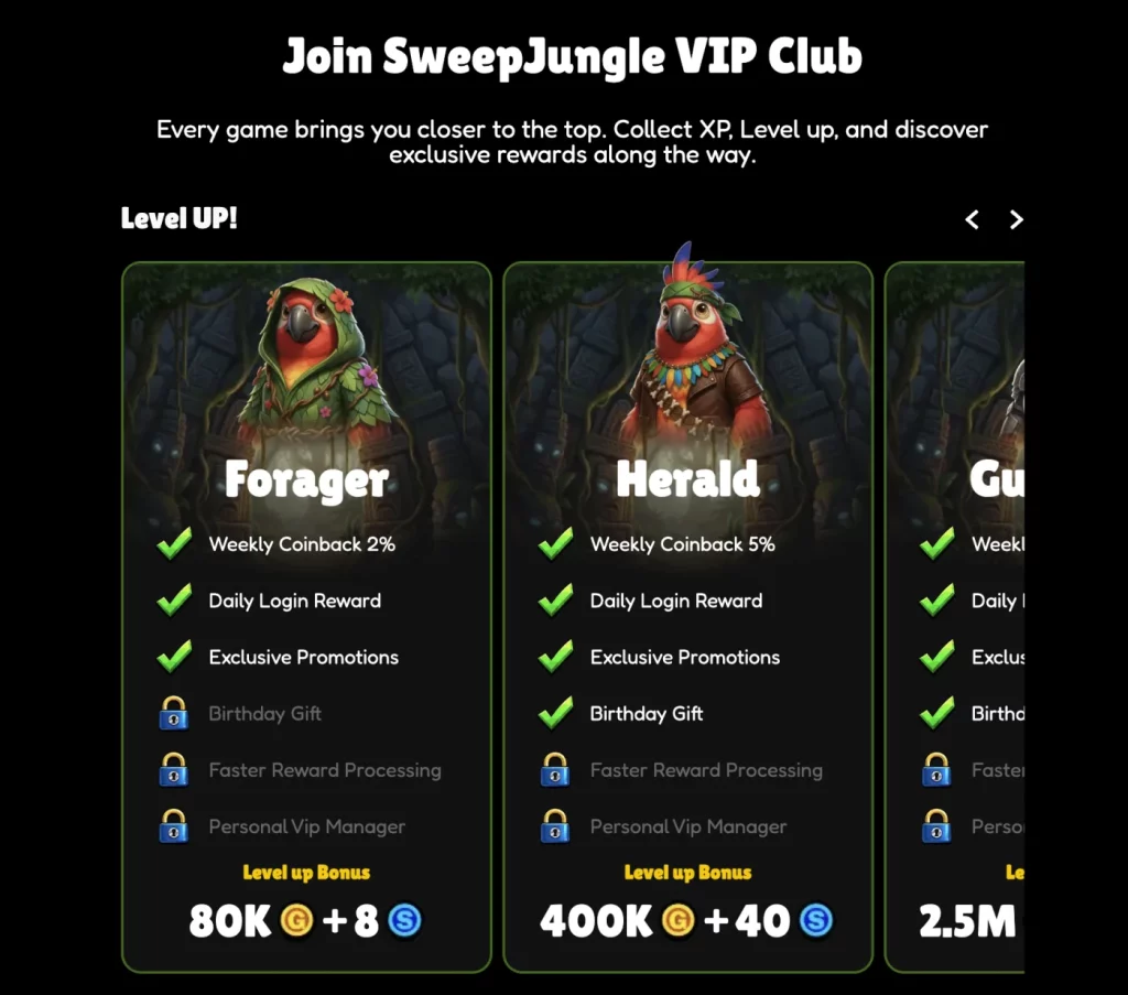 SweepJungle VIP Club showing Forager and Herald benefits, coinback percentages and GC and SC level-up bonuses.