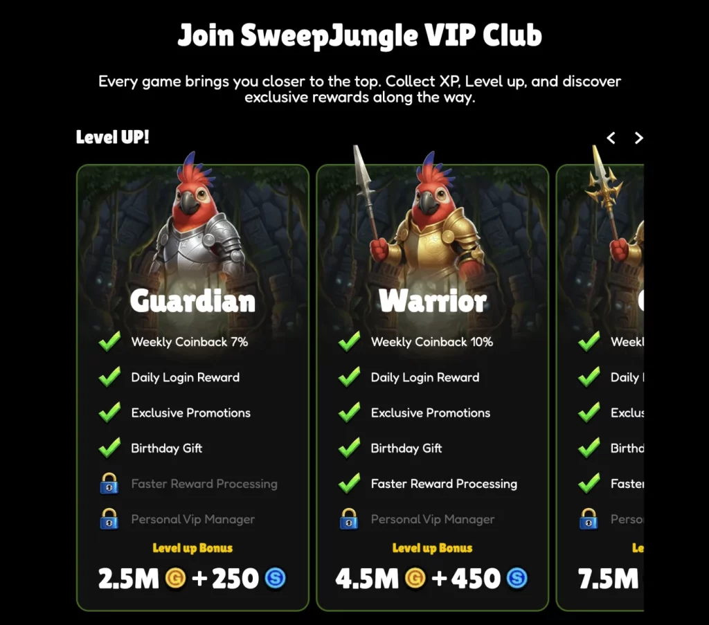 SweepJungle VIP Club showing Guardian and Warrior benefits, including 7% and 10% weekly coinback and faster reward processing at Warrior.