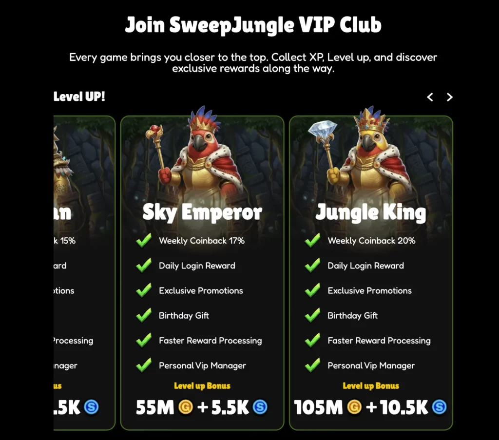 SweepJungle VIP Club showing Sky Emperor and Jungle King with all listed benefits, 17% and 20% weekly coinback and their level-up bonuses.