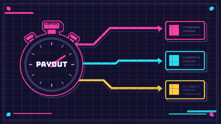 Stopwatch feeding three parallel payout-comparison routes toward neutral redemption destinations.