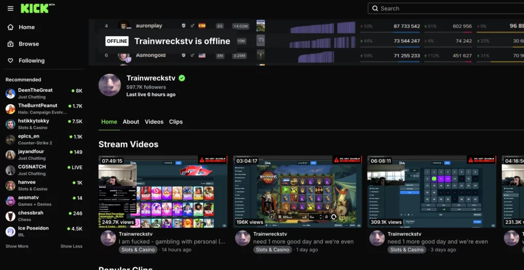 Kick profile for Trainwreckstv showing a verified channel, 597.7K followers, and recent Slots and Casino stream videos.