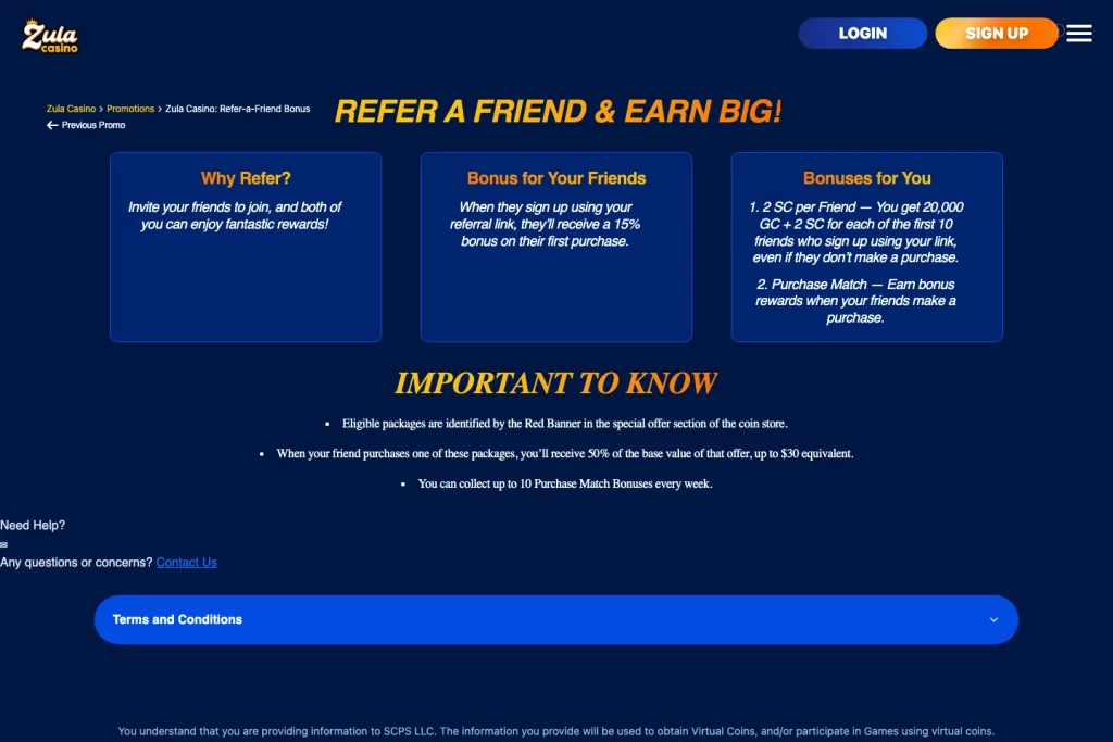 Zula refer-a-friend offer on July 24, 2026 Zula referral page showing the friend bonus, referrer signup reward, and purchase-match terms.